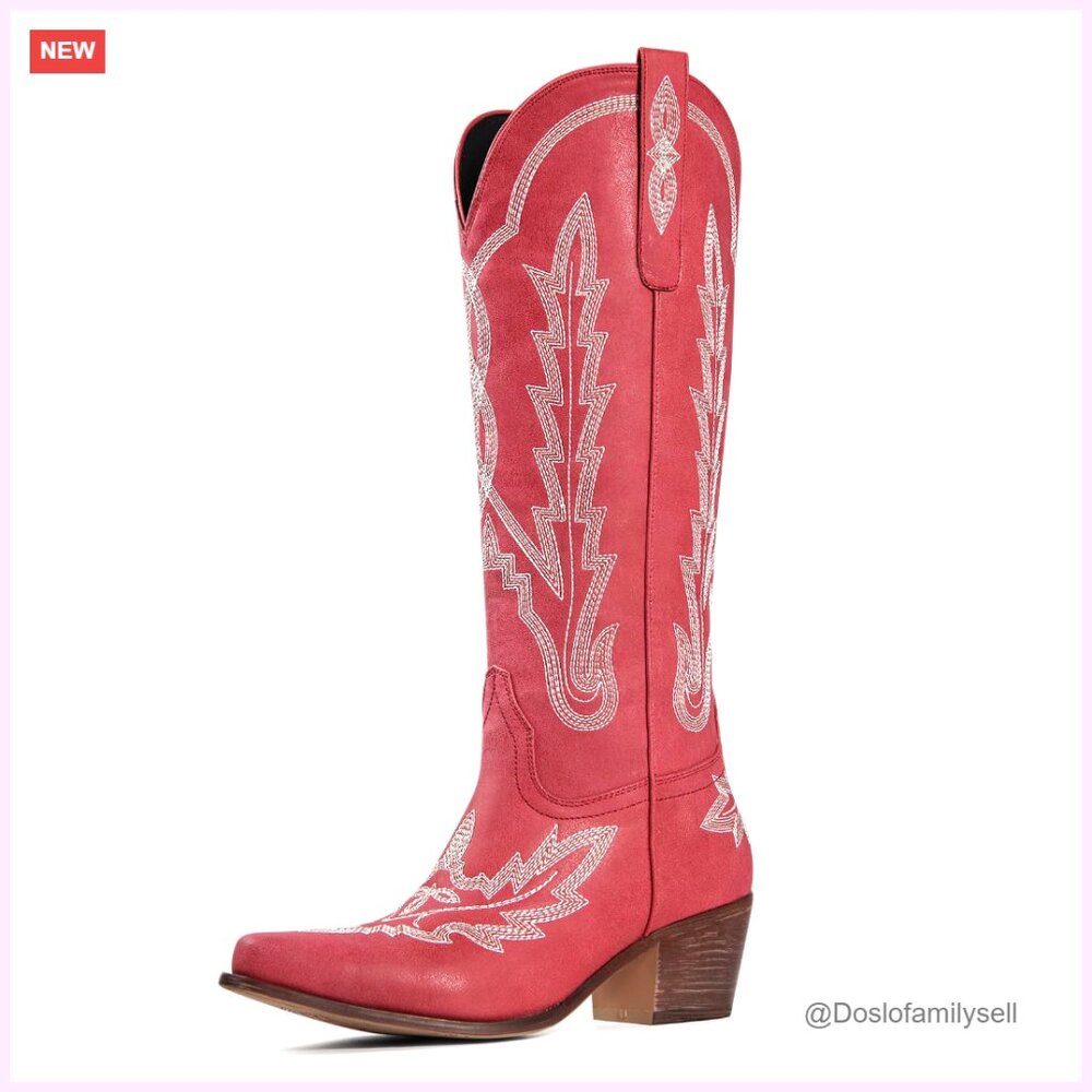 Knee High Cowgirl Boots Slip On Pointed Toe Chunky Heel Embroidered Western